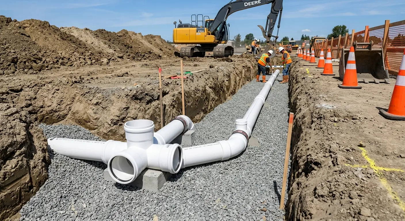 New PVC sewer pipe installation in open trench for Grease Trap Cleaning in Mexico