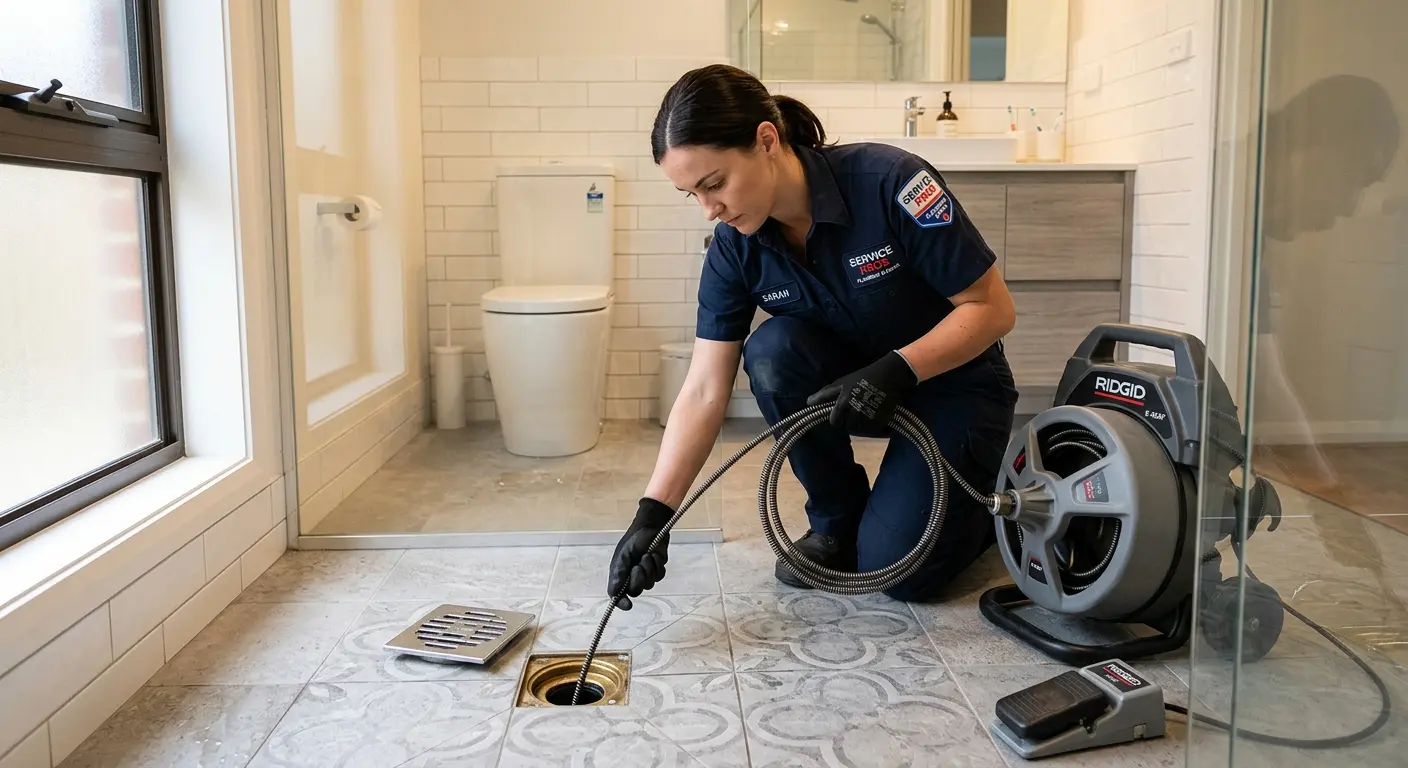 Technician clearing a bathroom floor drain for Sewer Line Replacement in Mexico